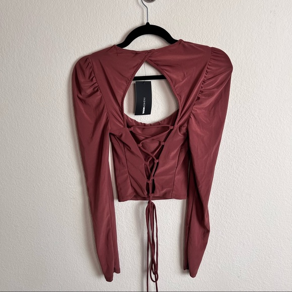 NWT Marsala Brown Puff Sleeve Square Neck Lace Up Long Sleeve Crop Top - Picture 7 of 15